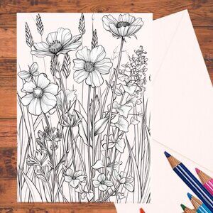 8 Wildflower Coloring Cards: A7 Handmade DIY 5x7 Greeting Cards with Envelopes